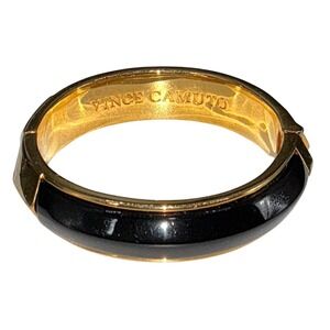 Vince Camuto Black & Gold Hinged Clamper‎ Bangle Bracelet 6.75"